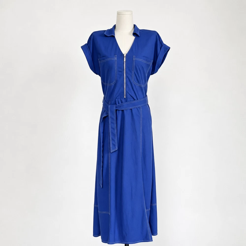 Royal Blue Belted Zip-Front Maxi Dress complete front garment view