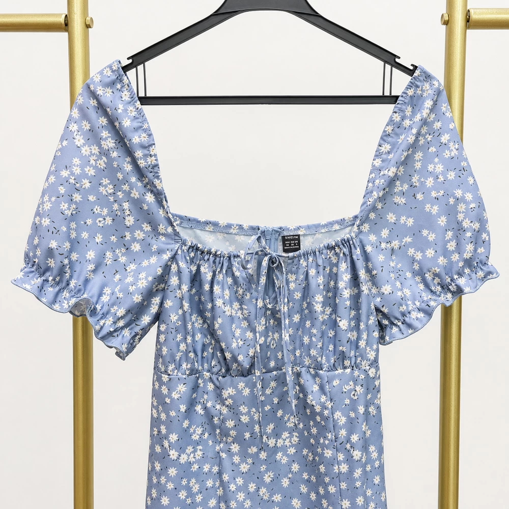Blue Floral Puff-Sleeve Midi Dress alternate garment angle