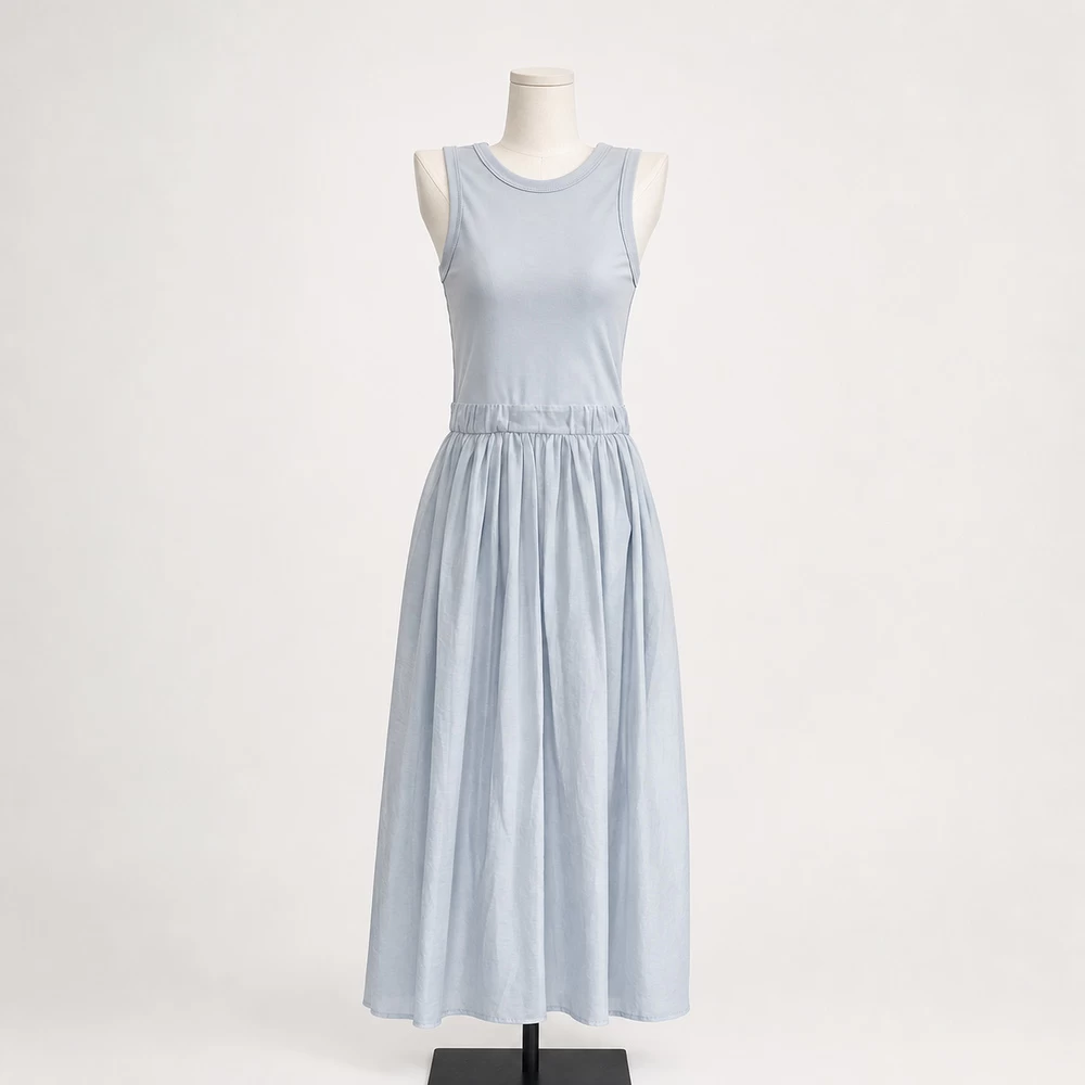 Light Blue Sleeveless Gathered Maxi Dress complete front garment view