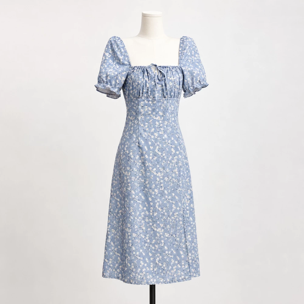 Blue Floral Puff-Sleeve Midi Dress complete front garment view