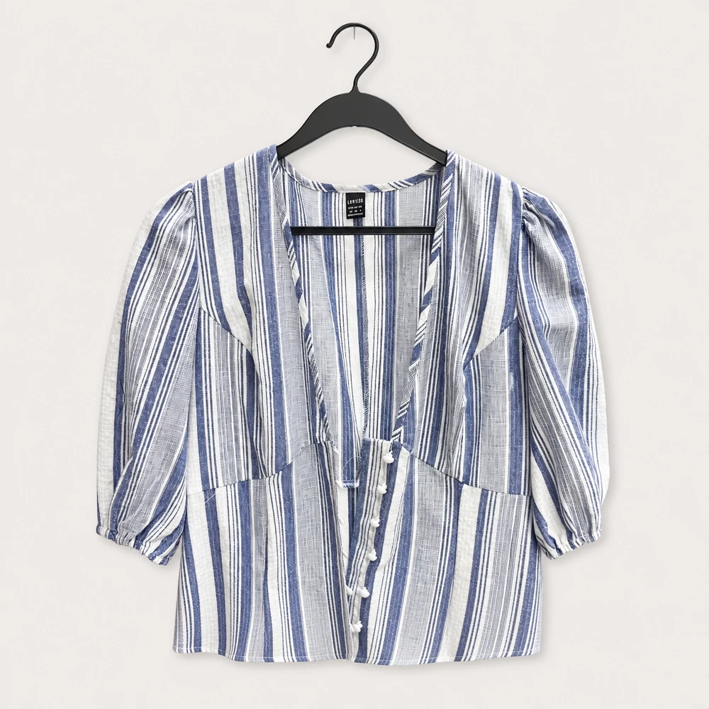 Blue and White Striped Puff-Sleeve Blouse complete front garment view