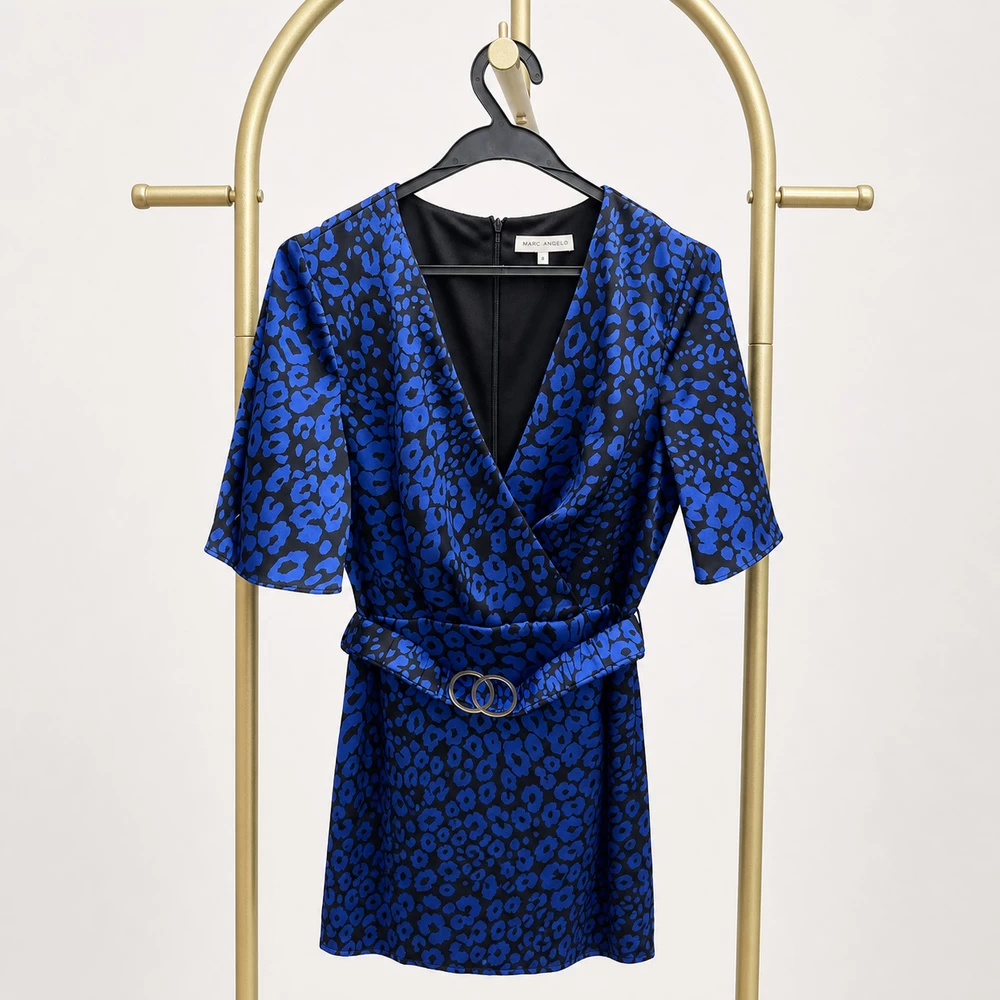 Blue Leopard Print Wrap Mini Dress complete front garment view