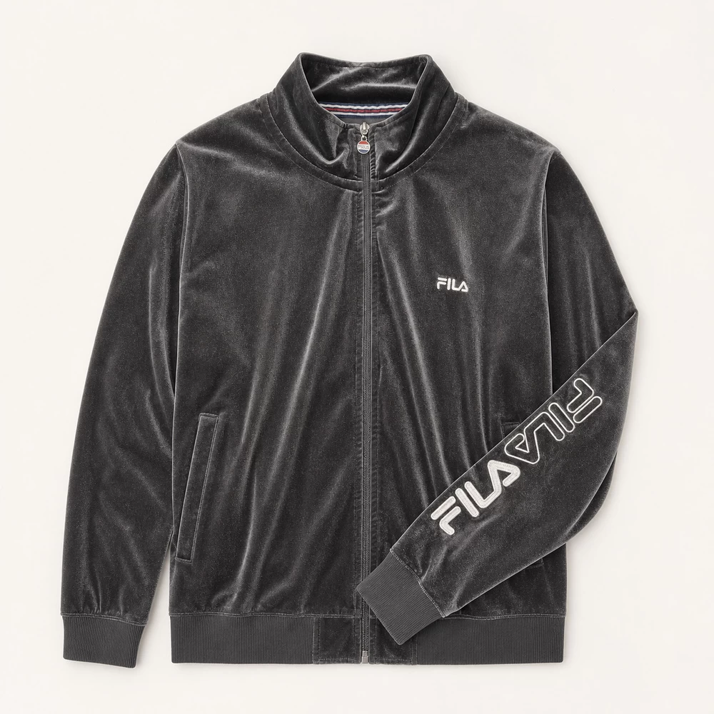 Black Velour Zip-Up Track Jacket complete front garment view