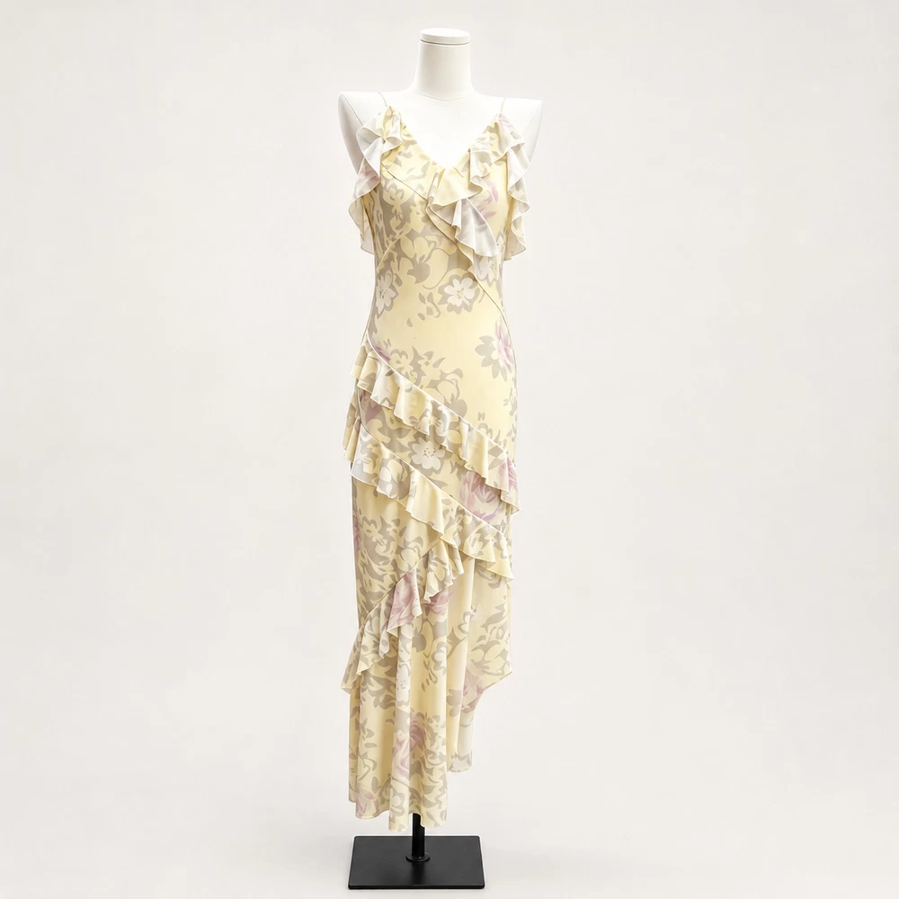 Yellow Floral Ruffle Maxi Dress complete front garment view