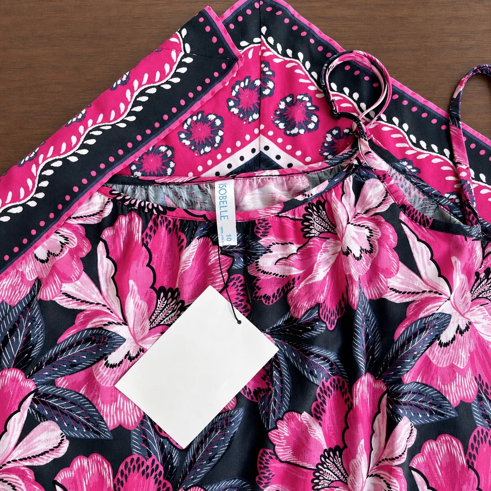 Pink Floral Handkerchief-Hem Slip Dress construction and print detail