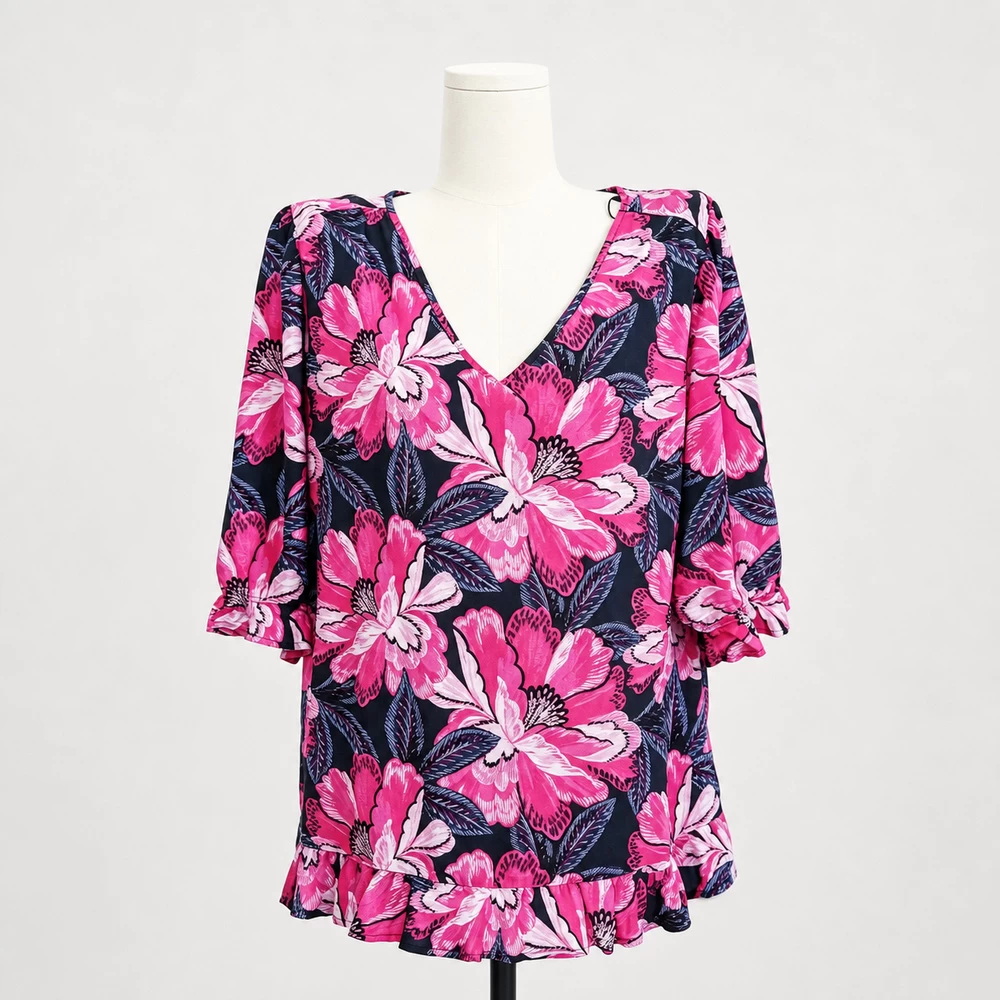 Pink Floral V-Neck Ruffle Tunic Top complete front garment view
