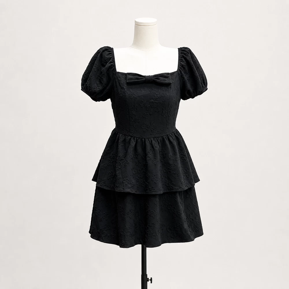 Black Puff-Sleeve Tiered Mini Dress complete front garment view